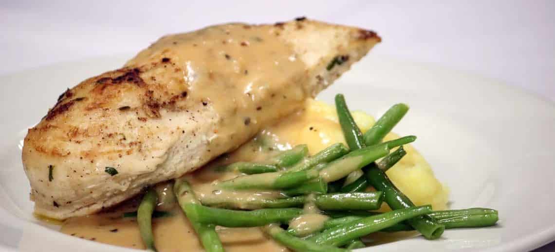 Grilled Suffolk Chicken Breast with Green Peppercorn Sauce, French Beans & Truffle Mash