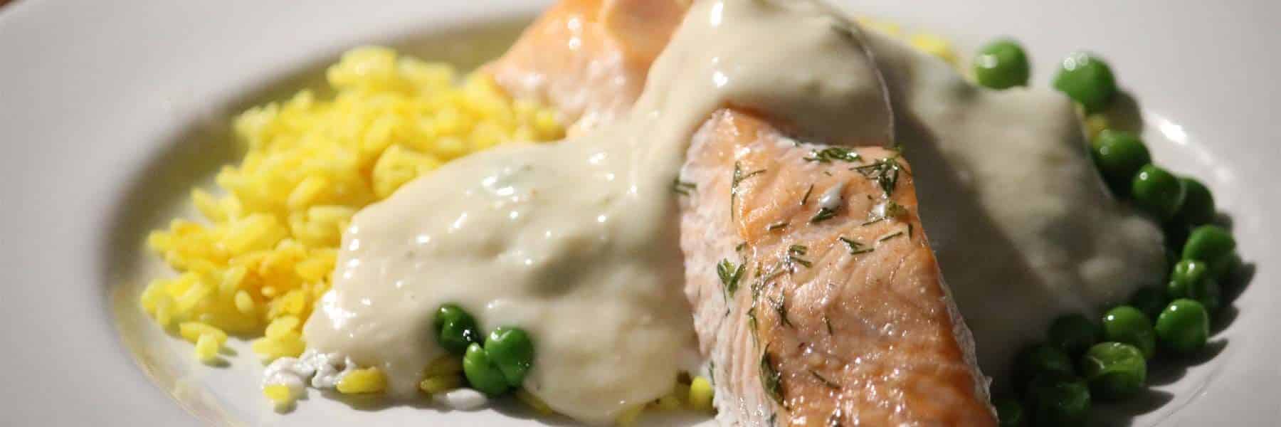 Seared Fillet of Salmon with Peas, Saffron Rice & Dill Velouté