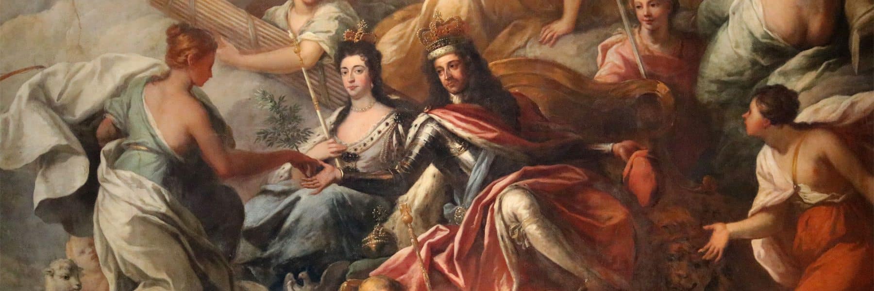 Old Royal Naval College, The Painted Hall The Triumph of Peace and Liberty over Tyranny - Peace, Concord, Mary II, Cupid, William III, Prudence, Tyranny (Louis XIV of France), Justice, Temperance, Fortitude, Europe