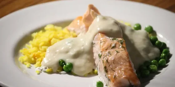 Seared Fillet of Salmon with Peas, Saffron Rice & Dill