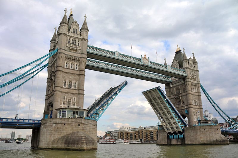 Tower Bridge with the bascules open, London